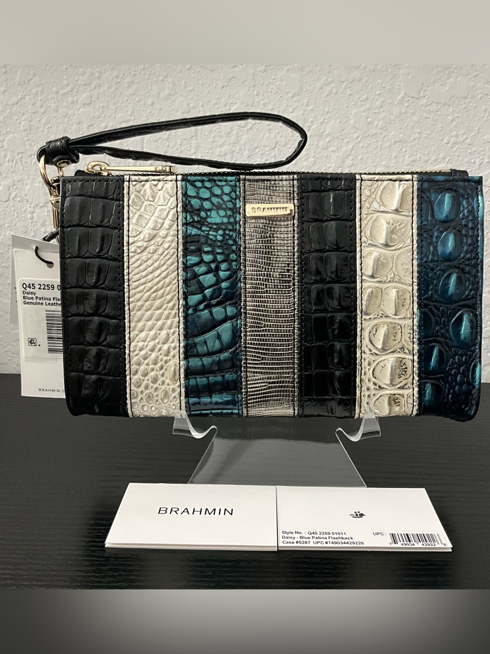 Brahmin Daisy BLUE PATINA FLASHBACK Mixed Leather Wristlet Cosmetic Clutch